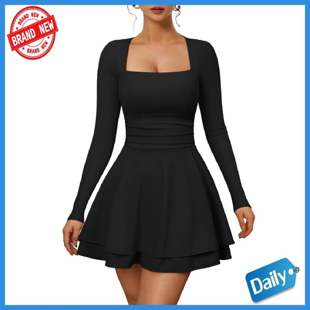 Long Sleeve Square Neck Ruched Waist Mini Dress with Side Pocket